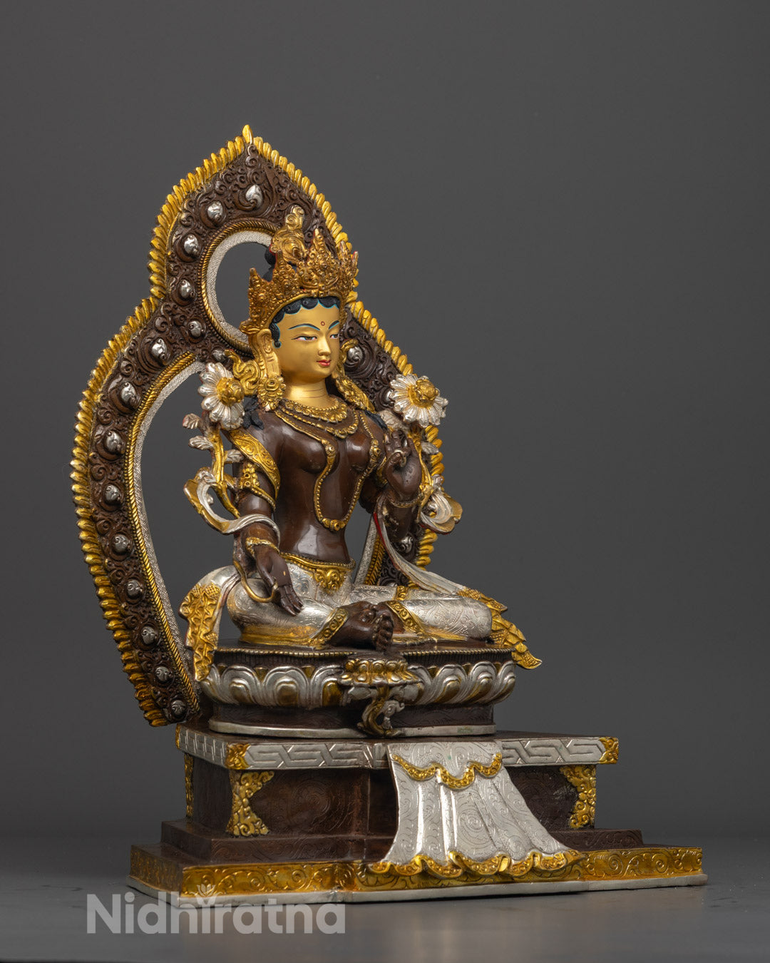 Silver Plated Green Tara Statue | 24k Gold Painted