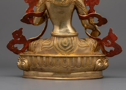 Peaceful Buddhist Green Tara Statue | 24k Gold Fire Gilded
