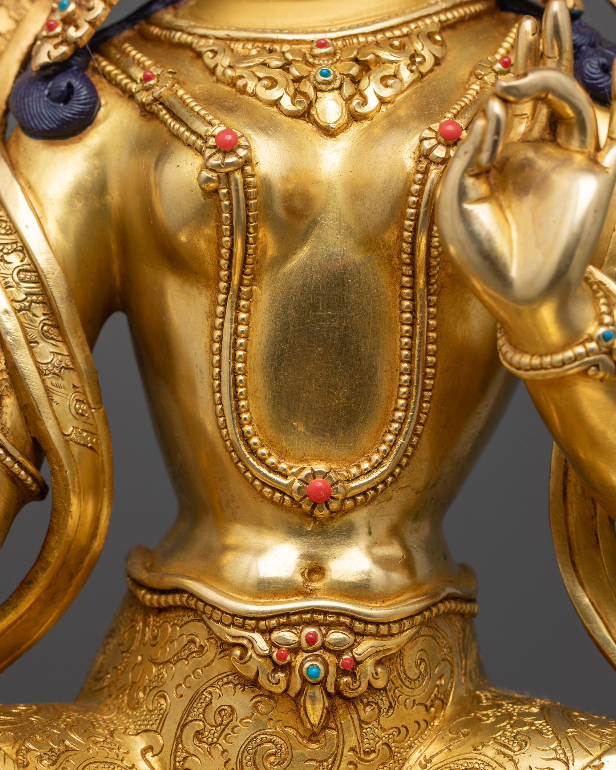 Green Tara Buddha Statue | 24K Gold Gilded with Semi-Precious Stones