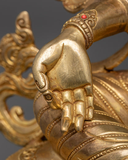 Peaceful Buddhist Green Tara Statue | 24k Gold Fire Gilded