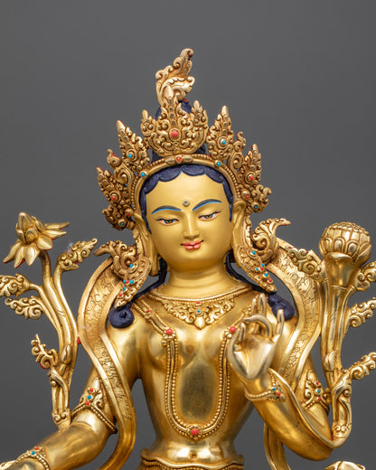 Green Tara Buddha Statue | 24K Gold Gilded with Semi-Precious Stones