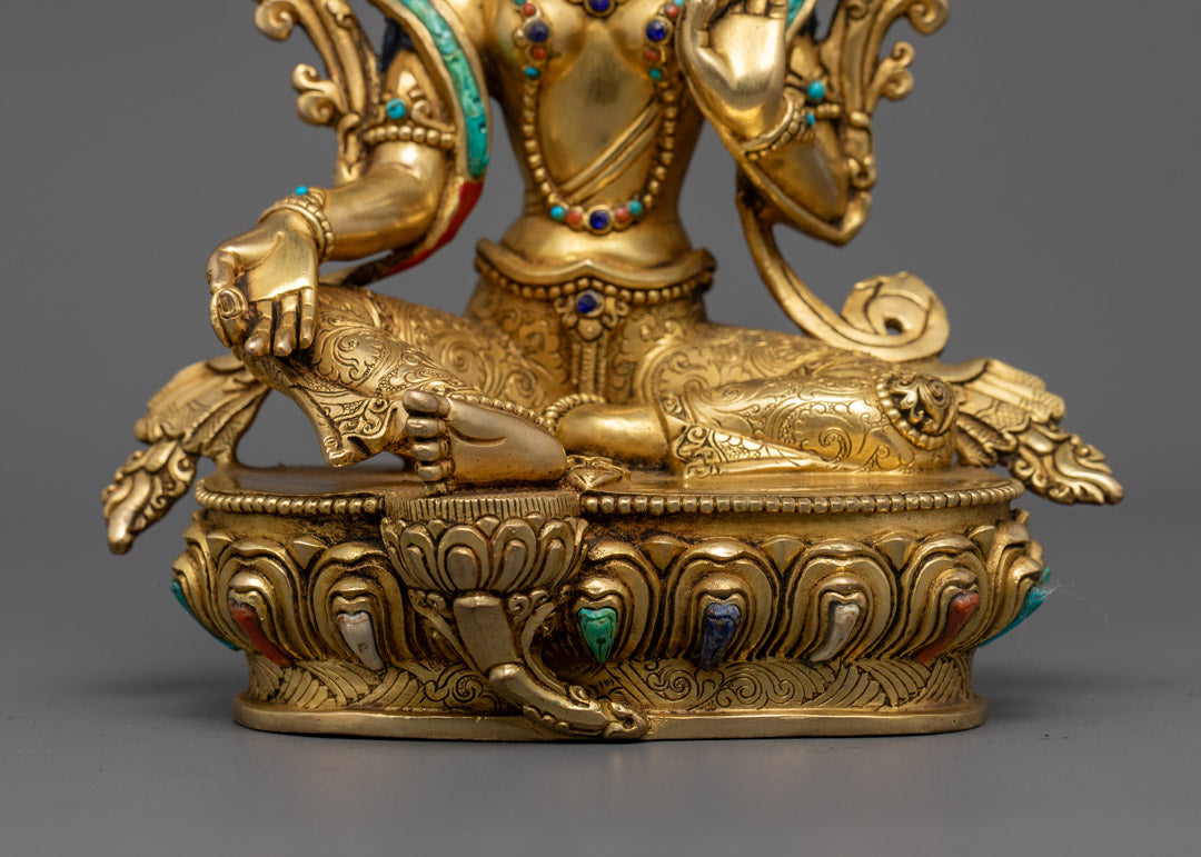Handcrafted Green Tara Statue in 24K Gold Gilded Copper