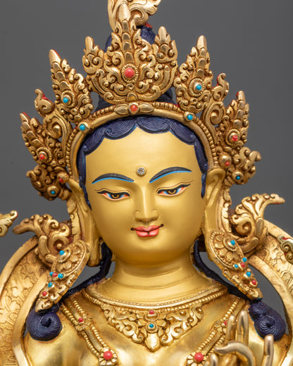 Green Tara Buddha Statue | 24K Gold Gilded with Semi-Precious Stones