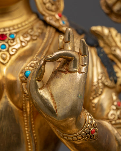 Peaceful Buddhist Green Tara Statue | 24k Gold Fire Gilded