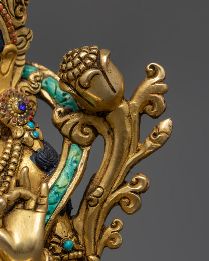 Handcrafted Green Tara Statue in 24K Gold Gilded Copper