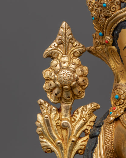 Peaceful Buddhist Green Tara Statue | 24k Gold Fire Gilded