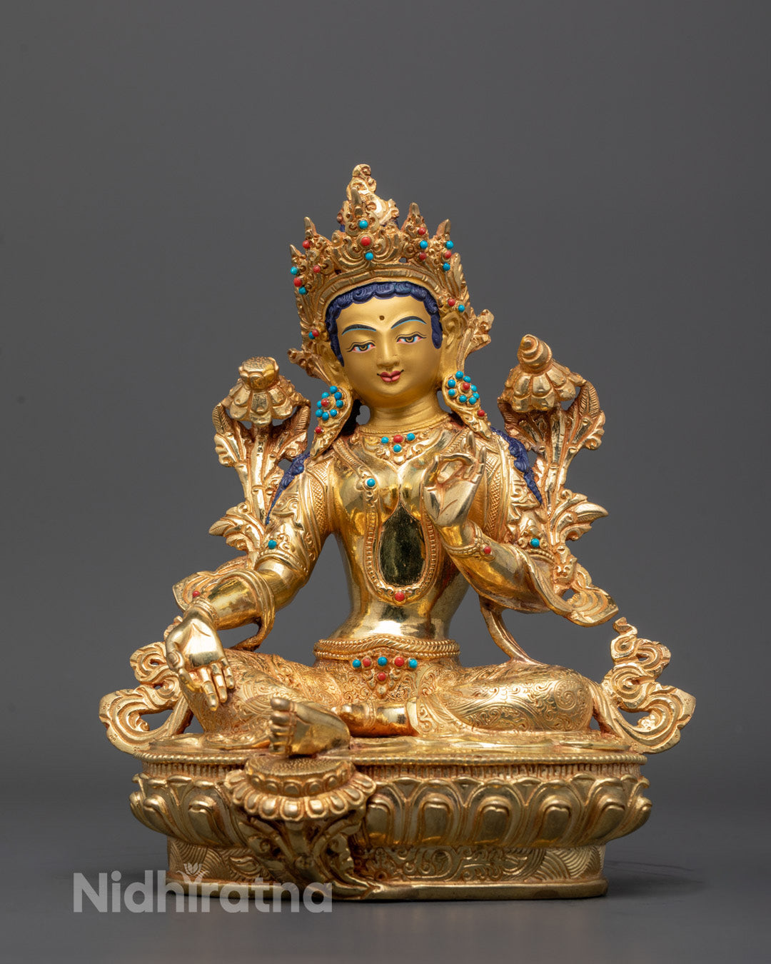 Youthful Green Tara Statue Front View with Gold-Gilded Face and Semi-Precious Stones