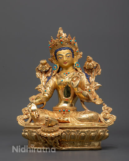 Youthful Green Tara Statue Front View with Gold-Gilded Face and Semi-Precious Stones