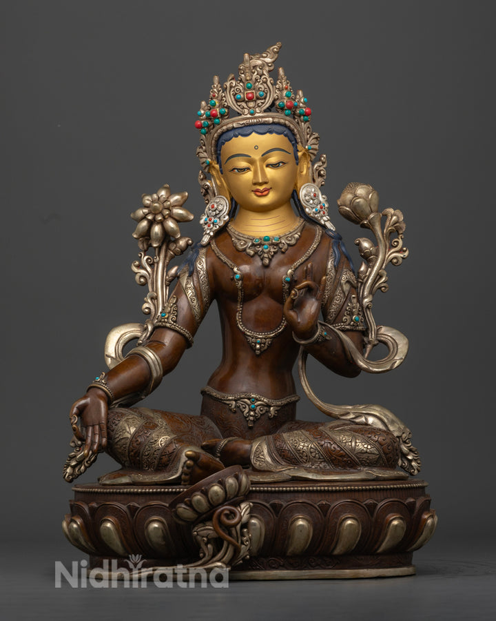 Oxided and gold coated green tara statue | Green Tara statue for sale | Bodhisattva Green Tara statue | 