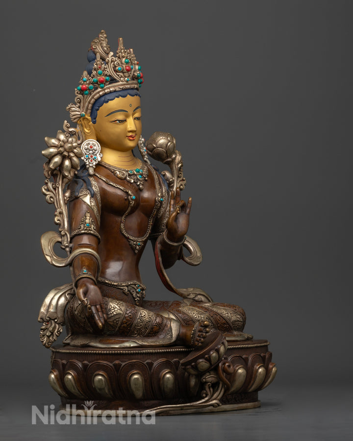 the side profile of oxidized and gold agreen tara statue | Green Tara statue for spiritual decor | Green Tara statue for home altar