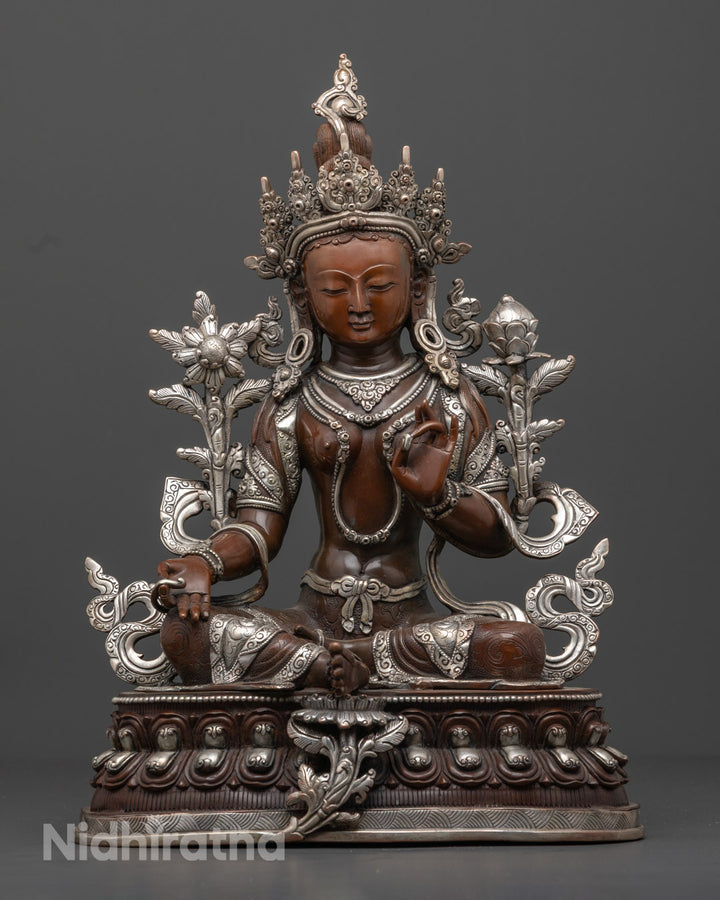 Handmade Green Tara Statue | Oxidized Copper with Silver Finishing