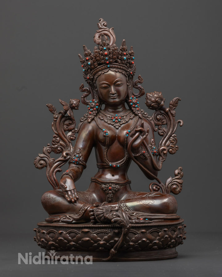 Oxidized Green Tara Statue | Handmade Buddhist Copper Sculpture