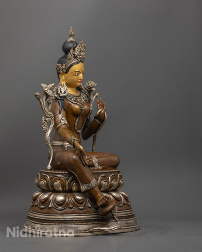 Green Tara Statue with Silver and Gold | Himalayan Goddess Tara