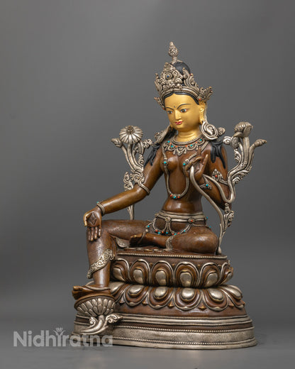 Green Tara Statue with Silver and Gold | Himalayan Goddess Tara