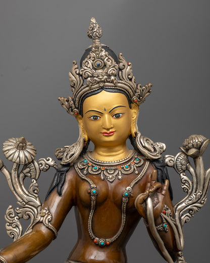 Green Tara Statue with Silver and Gold | Himalayan Goddess Tara