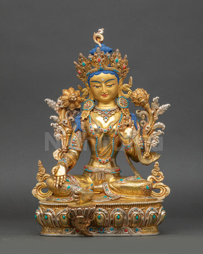 Green Tara Buddhist statue front view gold fire-gilded copper sculpture Nepal