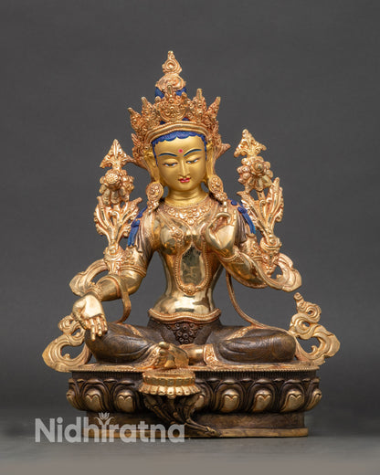 Green Tara Compassion Statue handcrafted by Newari artisan with 24K gold-painted face