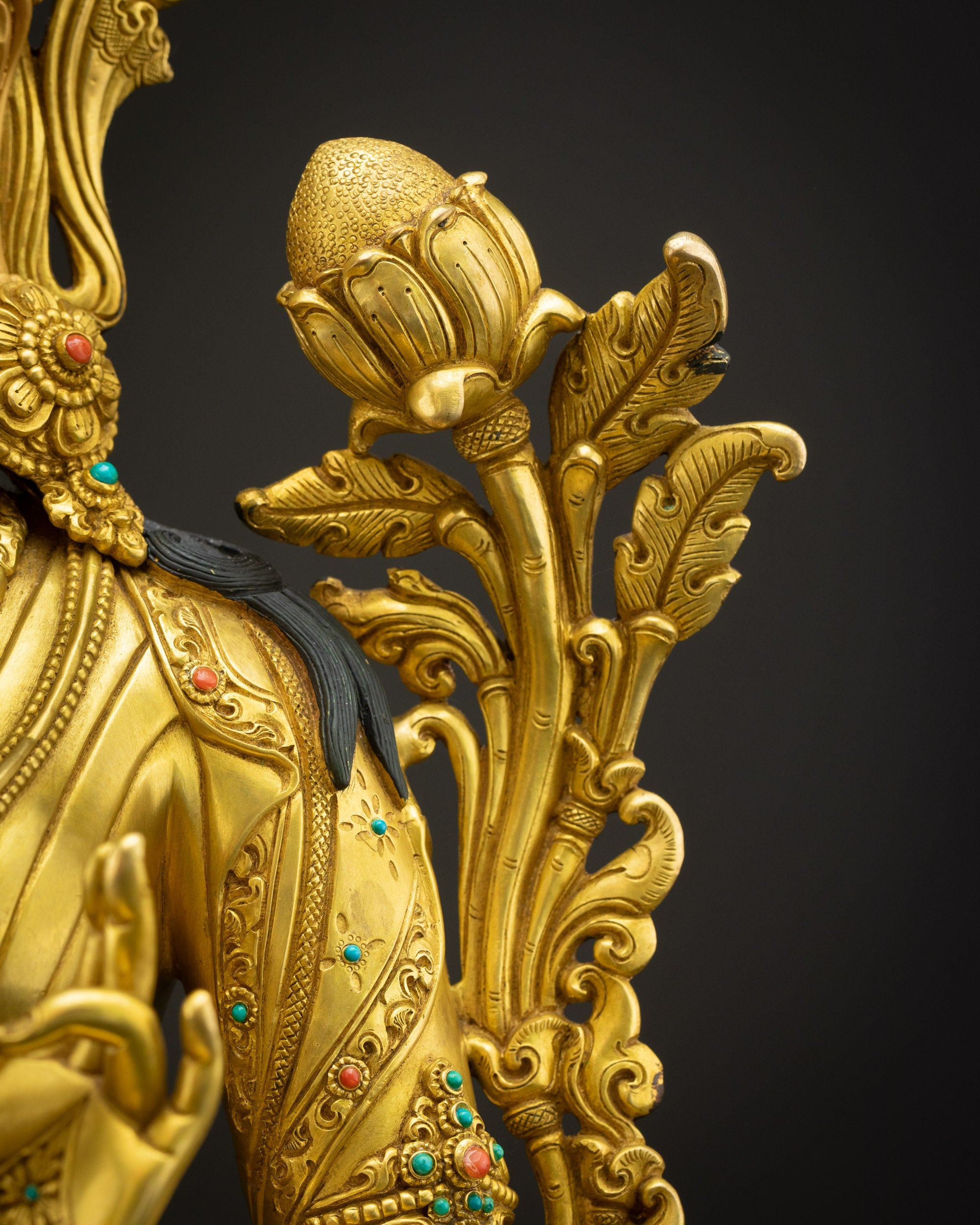 Handmade Green Tara statue crafted from copper using lost wax technique with detailed 3D carvings