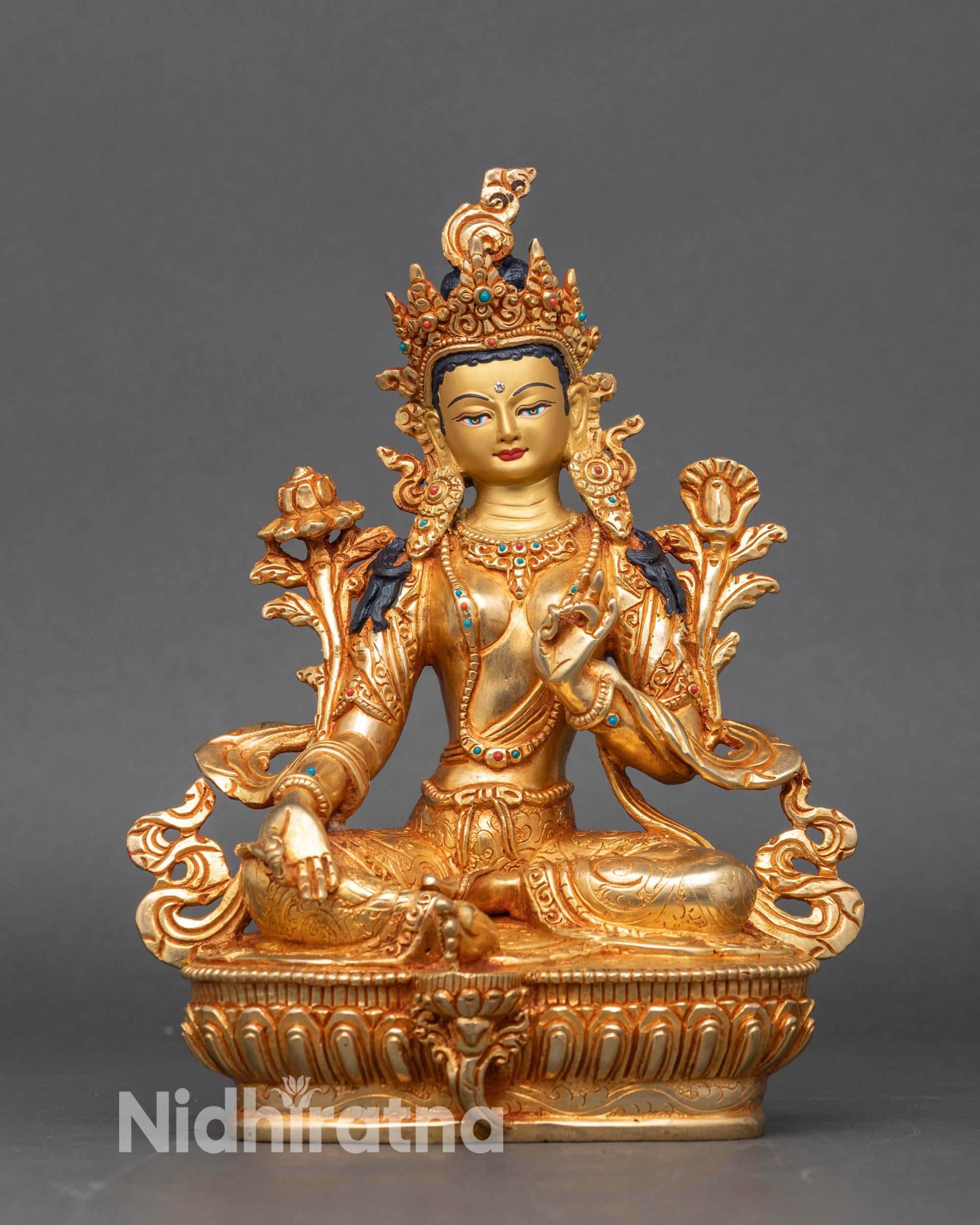 Green Tara Drolma statue on lotus throne, handcrafted Nepalese copper sculpture with gold