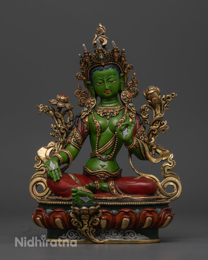 It shows Full Picture of Green Tara Goddess Statue with the exceptional artwork and gemstones embellished presented