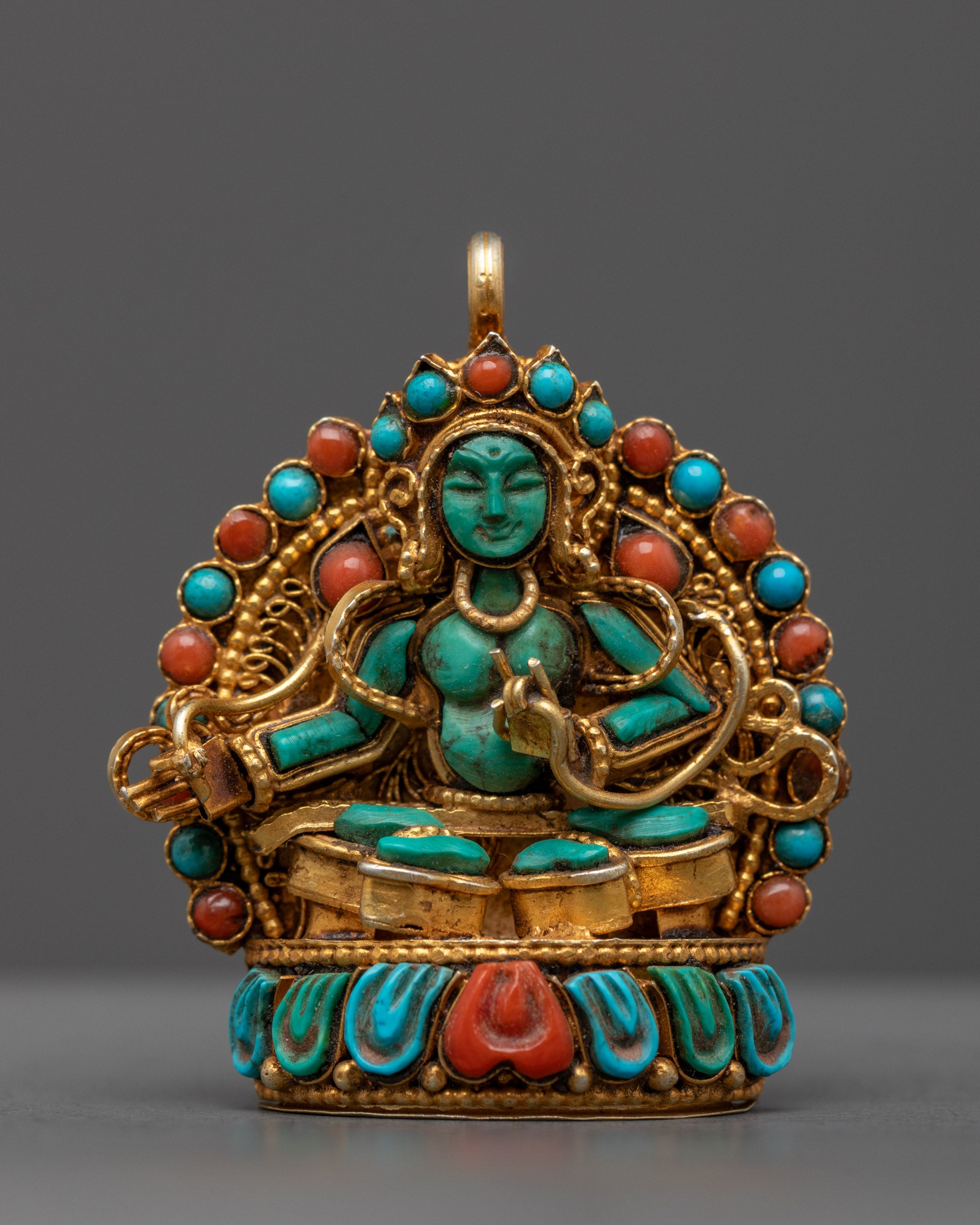 Green Tara Locket front view with gold filigree and semi-precious stones, handcrafted in Nepal