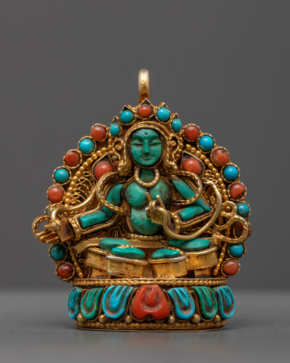 Green Tara Locket front view with gold filigree and semi-precious stones, handcrafted in Nepal