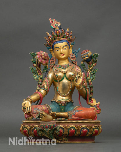 Green Tara Meditation statue, handcrafted copper with gold fire-gilding from Nepal