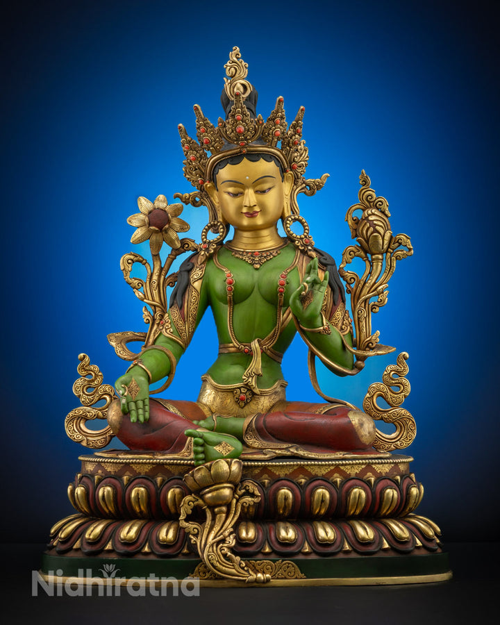 Premium Green Tara Statue – 24K Gold Copper Sculpture for Spiritual Growth Mindfulness