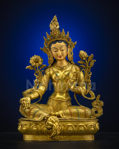 Full front view of Green Tara Buddhist statue, copper lost wax, fire-gilded gold, Nepalese craftsmanship