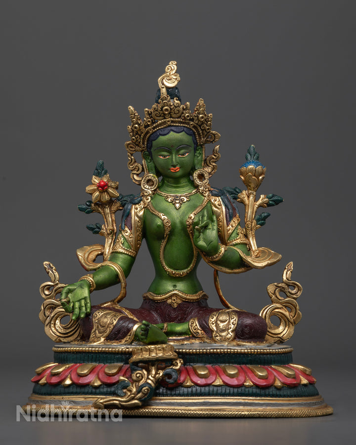 This picture shows full picture of Green Tara Statue in Green Hue with intricate details 