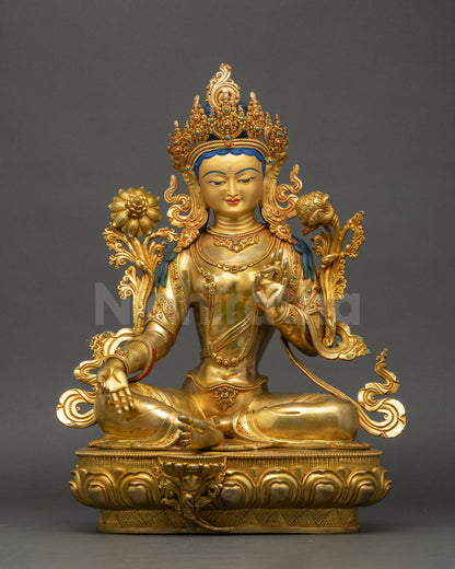 Green Tara Statue Nepalese Buddhist Goddess gold-gilded copper lotus seated