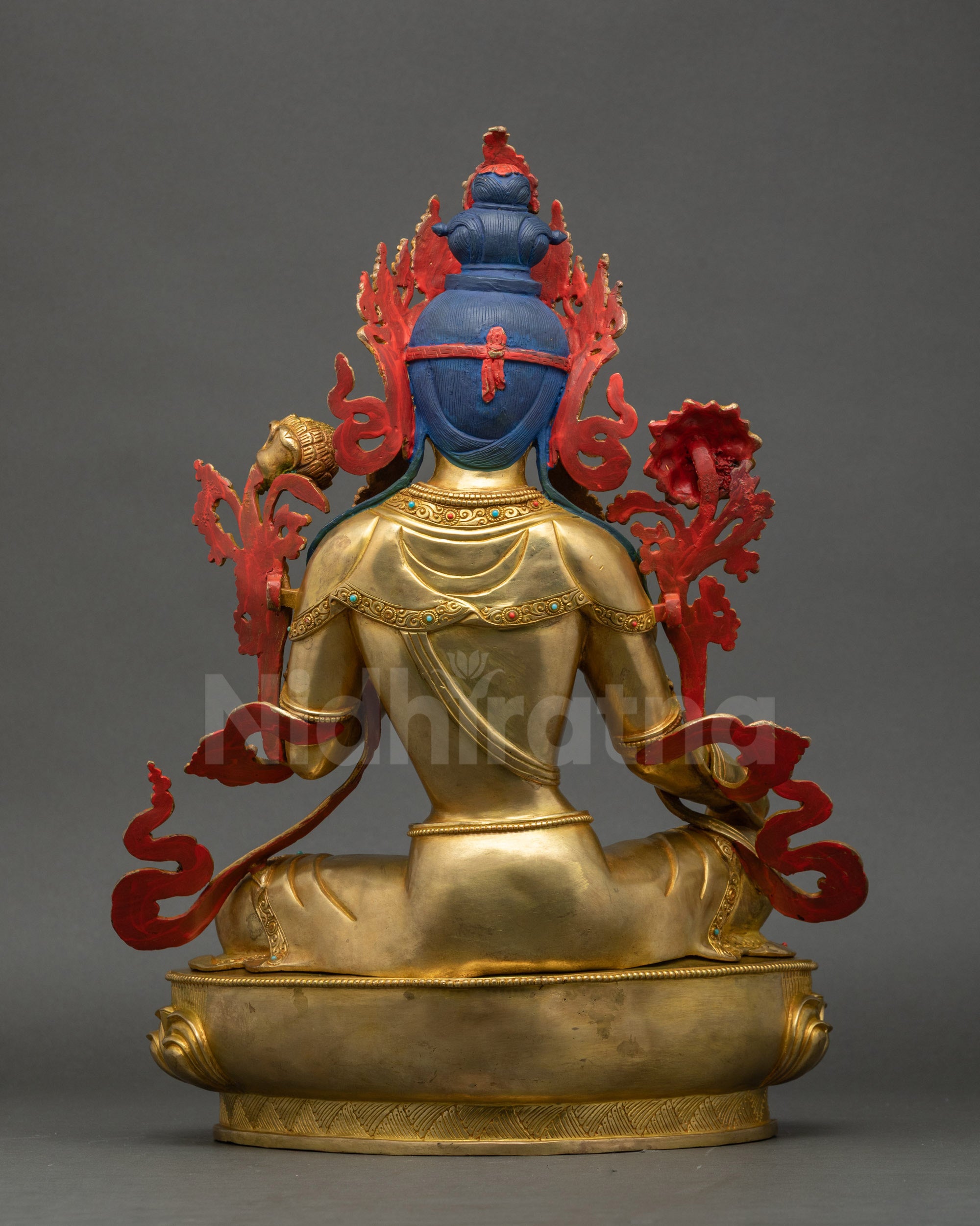 Green Tara Statue back view flowing robes and detailed 3D carvings Nepalese sculpture