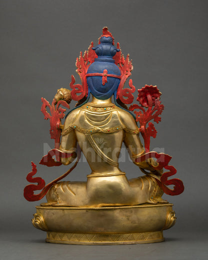 Green Tara Statue back view flowing robes and detailed 3D carvings Nepalese sculpture