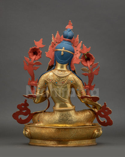Green Tara Statue back view gold-gilded robes and lotus pedestal