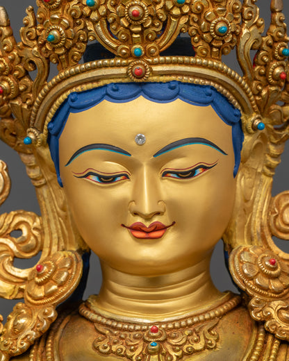 Green Tara Statue detailed face gold-gilded serene gaze Nepalese craftsmanship