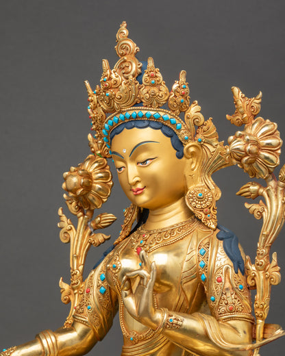 Green Tara Statue detailed side view lotus base and jewelry details