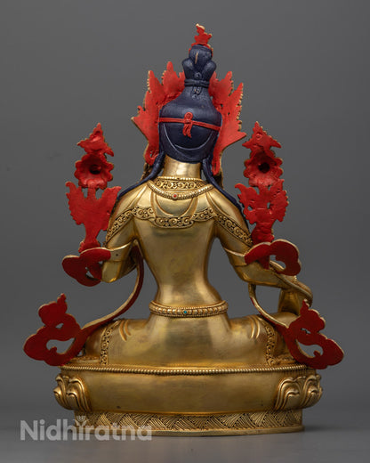 Green Tara Statue featuring a detailed lotus base and hollow chamber for mantra consecration.

