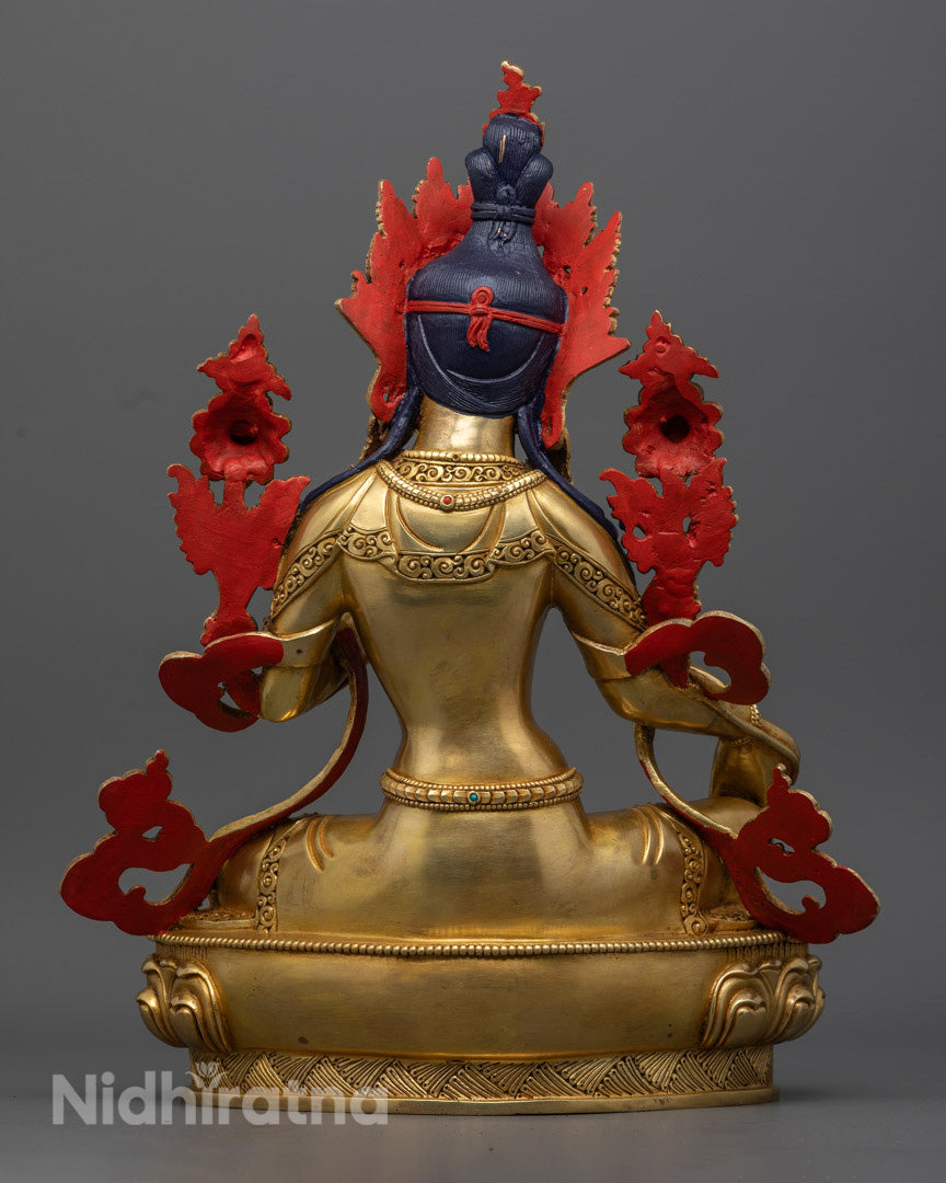 Green Tara Statue featuring a detailed lotus base and hollow chamber for mantra consecration.

