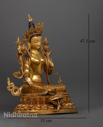 Green Tara Statue for Altar – Gold Gilded Copper with Lotus Base