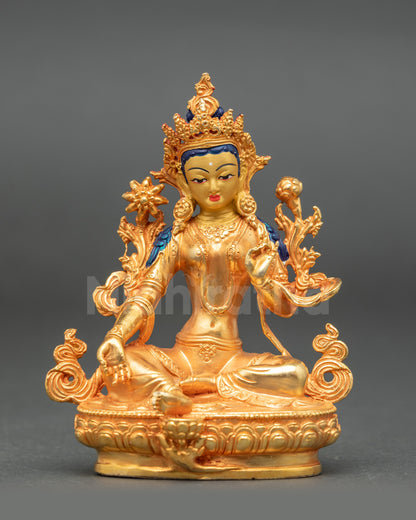 Green Tara Statue front view seated on lotus holding blue utpala gold fire-gilded