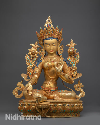 Green Tara Statue front view seated on lotus with crown and utpala flower
