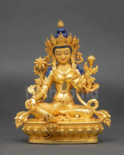 Green Tara Statue gold fire-gilded copper seated in royal ease front view
