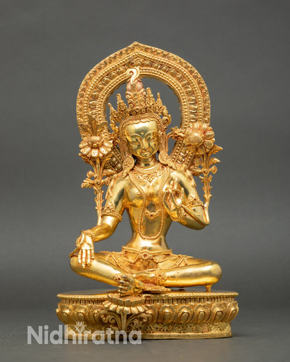 Green Tara Statue in Lalitasana posture with halo, copper and 24K gold art