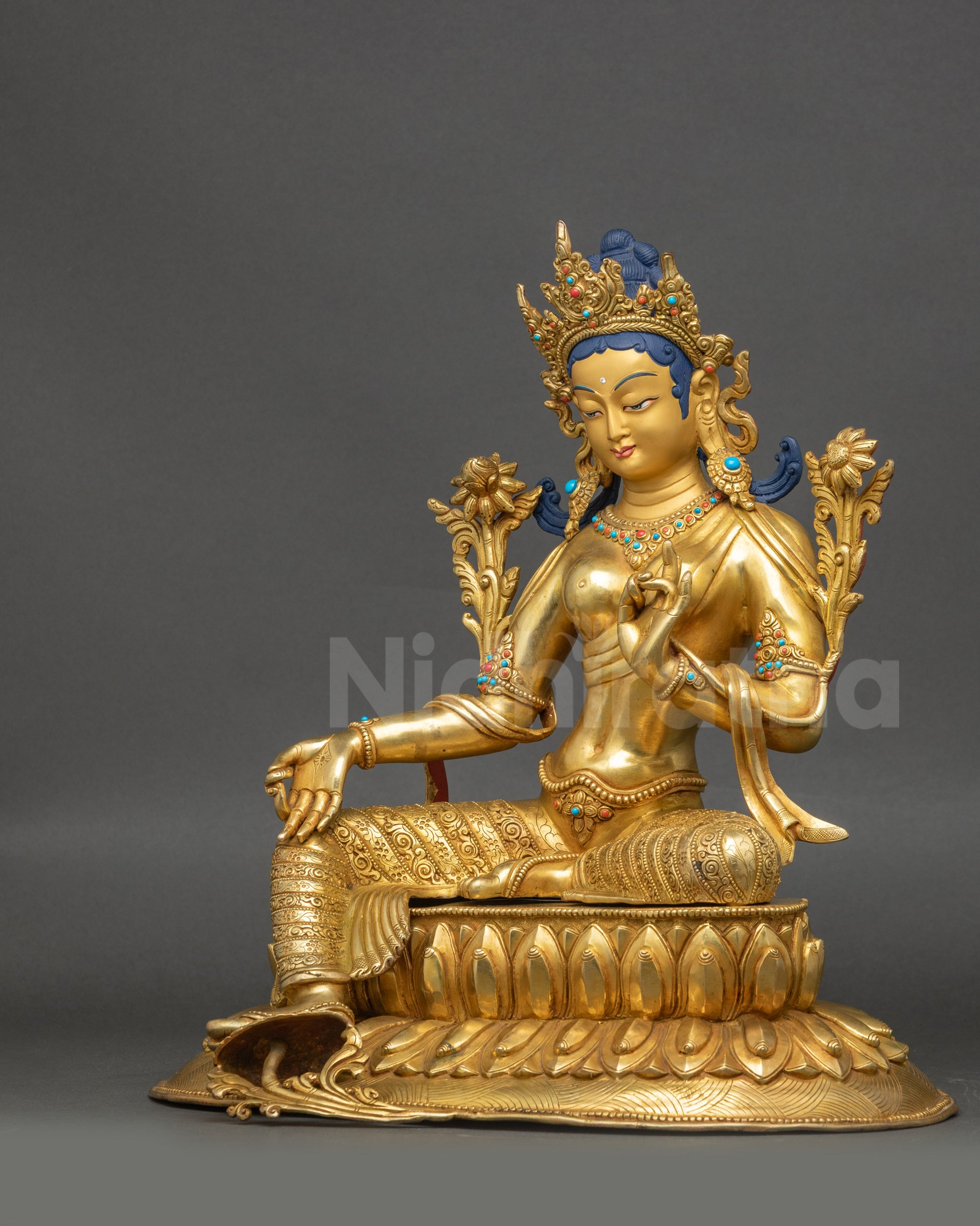 Green Tara Statue left profile handcrafted Nepalese spiritual sculpture