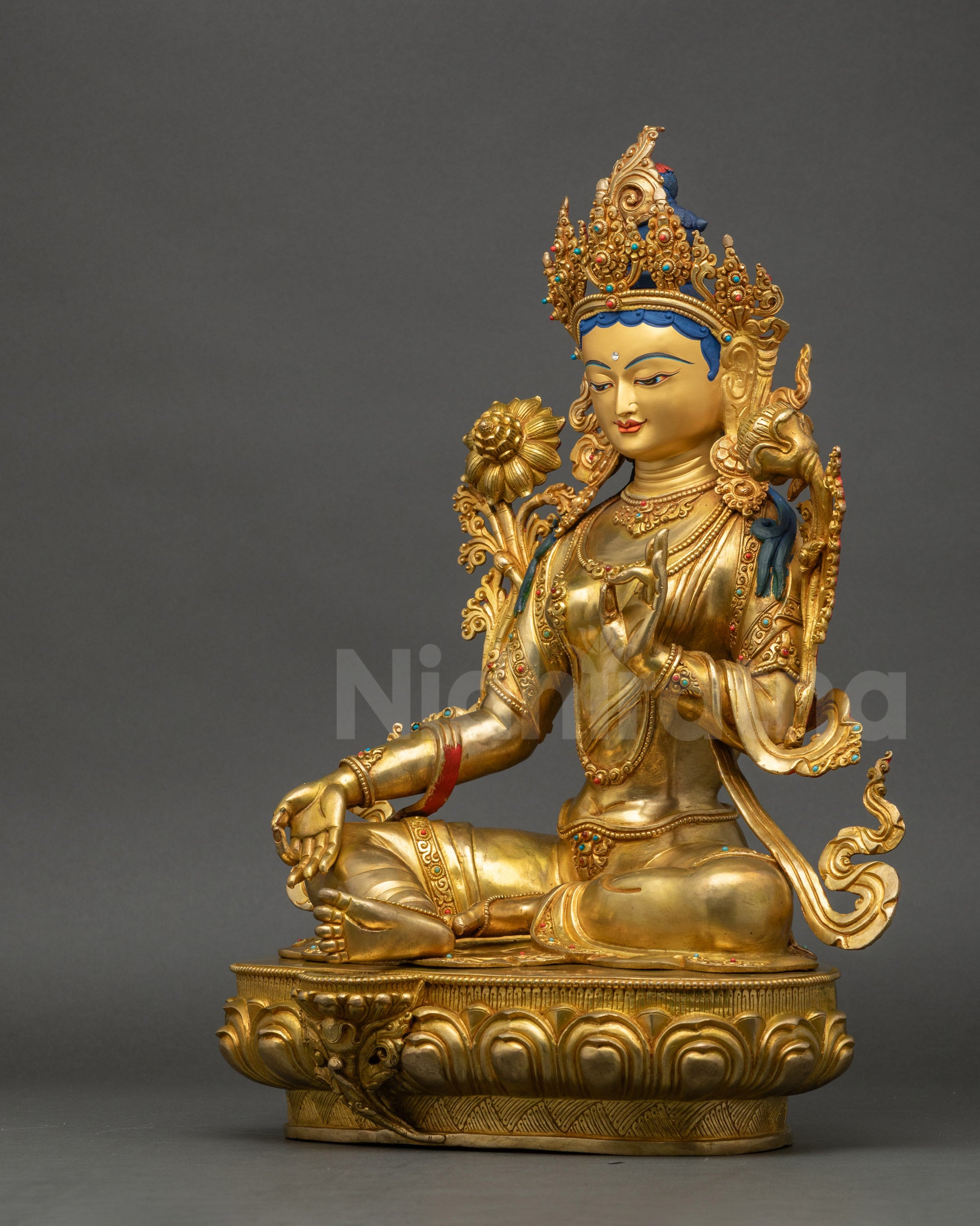Green Tara Statue left side copper sculpture gold-gilded with jewelry ornaments