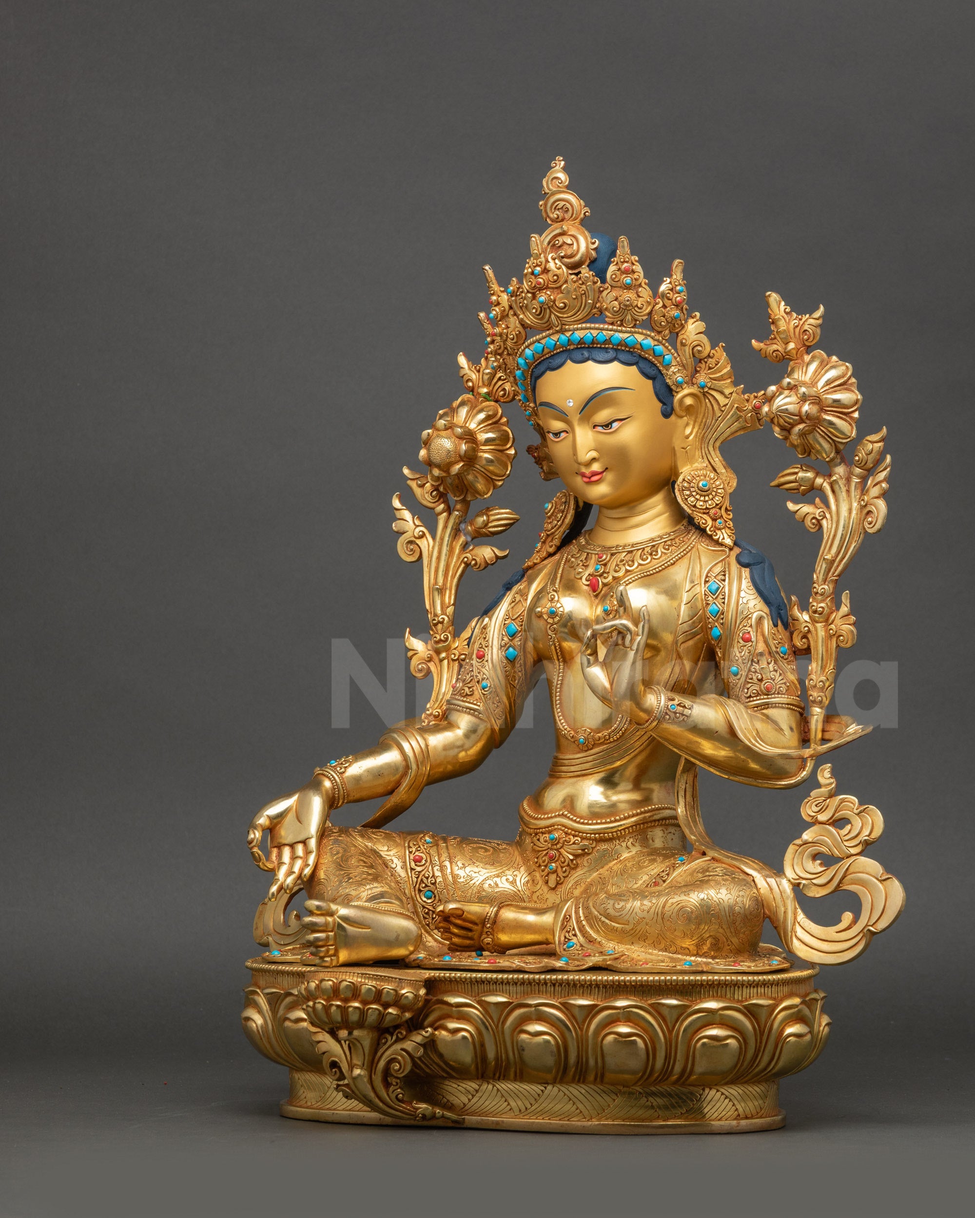 Green Tara Statue left side view semi-precious stone inlays