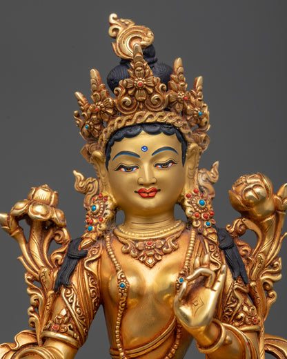 Green Tara Statue regular close up lost-wax casted copper Buddhist sculpture