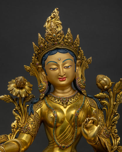 Green Tara Statue regular close up showing gold gilded details and lotus pedestal