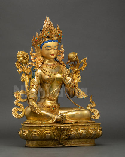 Green Tara Statue right side lotus posture holding utpala flower Nepalese decor