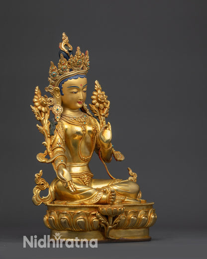 Green Tara Statue right side view Varada mudra and lotus seat details